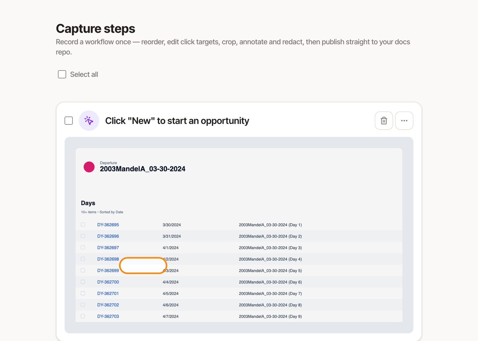 Browser capture: recorded workflow steps ready to publish to the docs