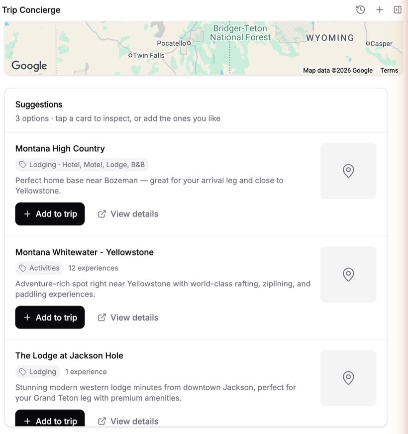 Trip Concierge proposing lodging and activities as cards