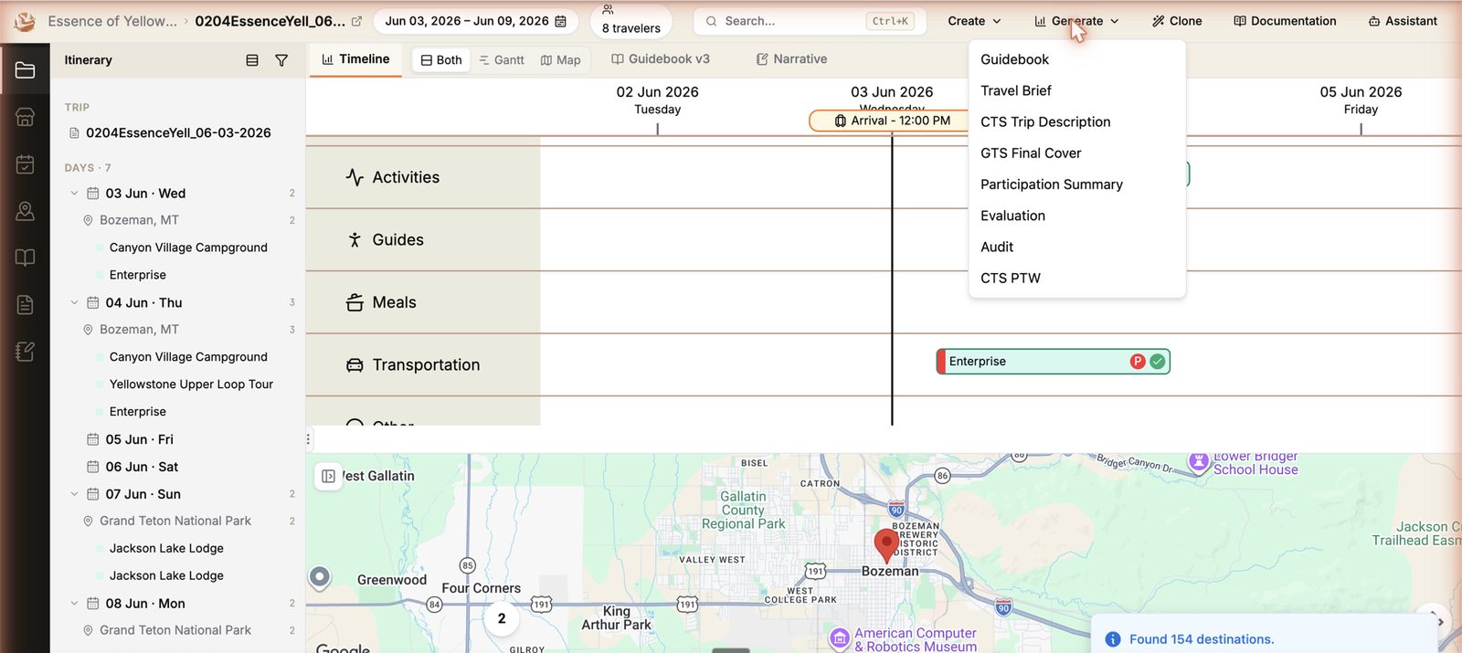 The OBP planning workspace: itinerary, timeline, map and the Generate menu